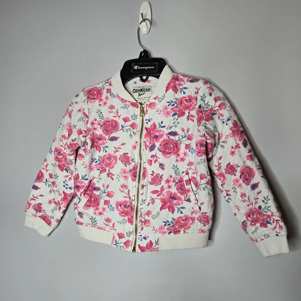 OshKosh B'gosh Girls Quilted Bomber‎ Jacket Floral Pink Roses Size 6 Cottagecore